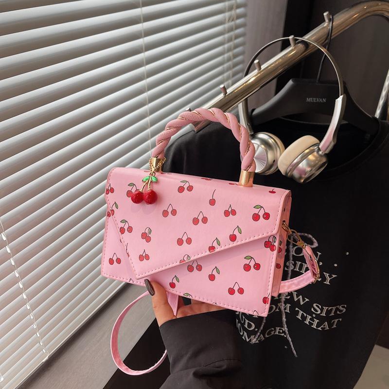 Borsa a tracolla quadrata in ecopelle con stampa ciliegie per donna, borsa a spalla carina