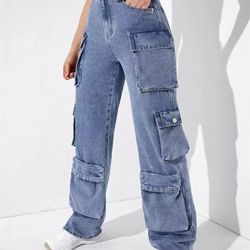 Autumn Winter Workwear Pants Women s Multi-ket Jeans Punk Sle High Waist Cotton Denim S