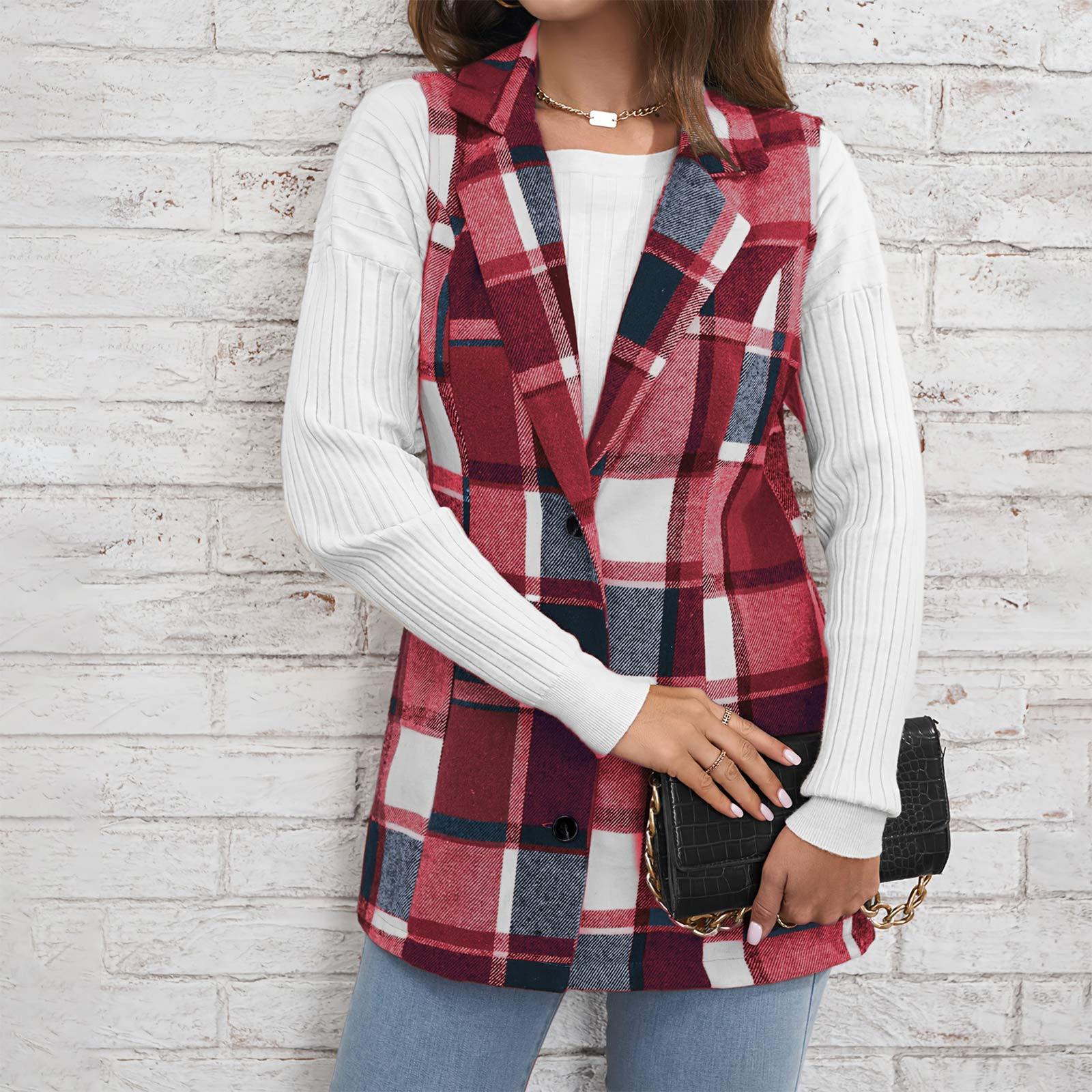 

Модный женский приталенный топ без рукавов с воротником с лацканами, жилет, клетчатая куртка на пуговицах XL красный