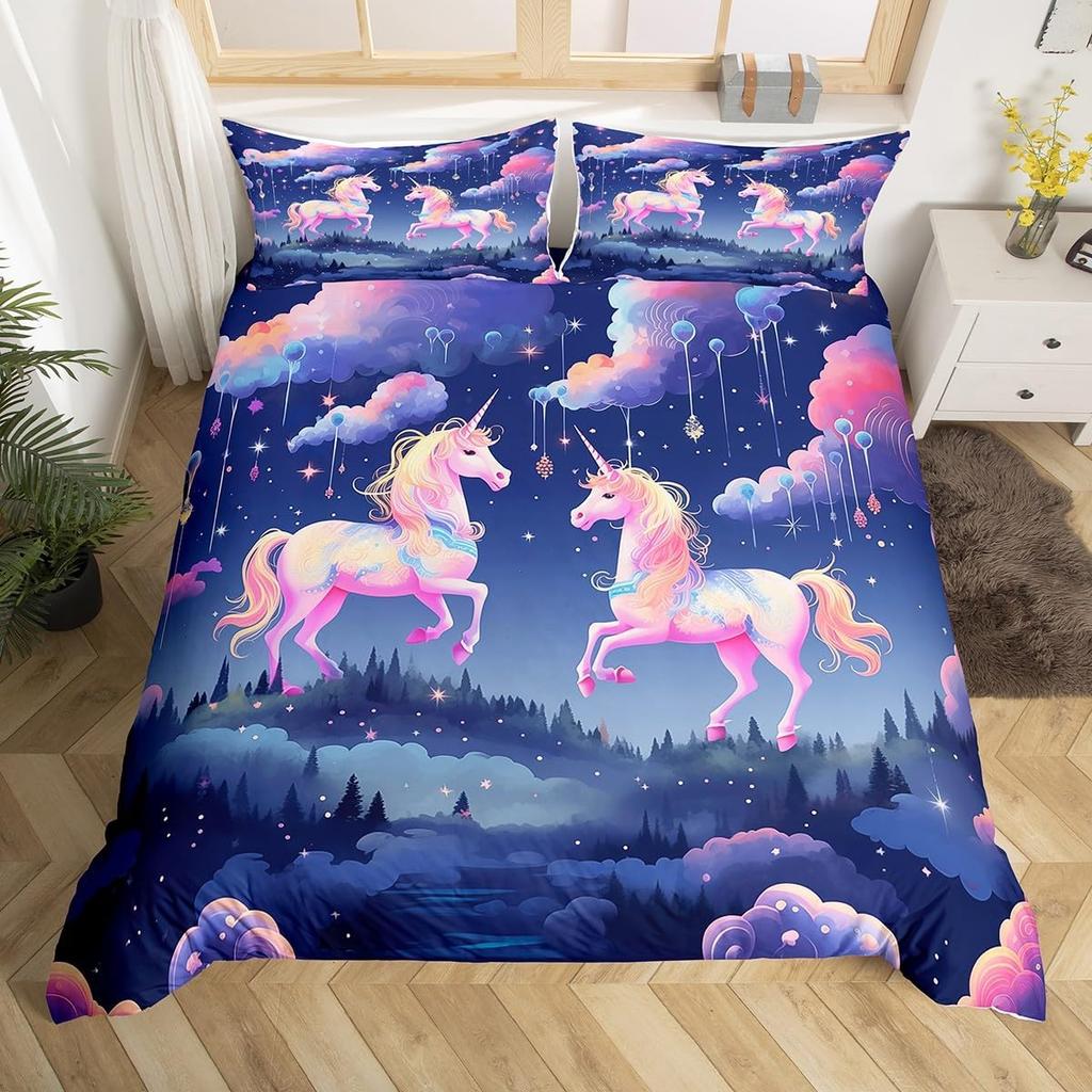 Einhorn Pferd Bettbezug Set Queen Size Träumerisches Regenbogen Bettwäsche 3 Teile Kinder Teenager Buntes Funkelndes Galaxie Set 2 Kissenbezüge
