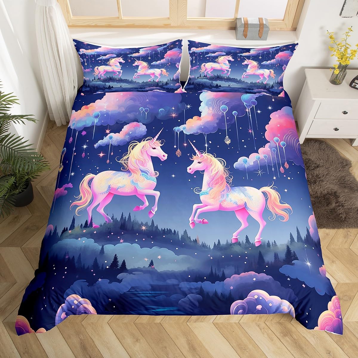 

Комплект пододеяльника с лошадью-единорогом размера Queen, Мечтательное радужное постельное белье 3 предмета, Детский подростковый красочный сверкающий галактический комплект, 2 наволочки EU Single(135x200cm)