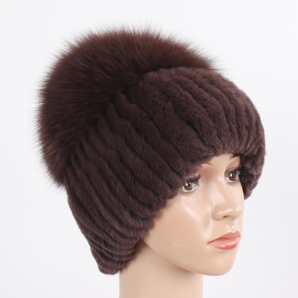 Russia Lady Winter Real Fur Hat Women Warm Knitted Genuine Rex Rabbit Fur Hat Top Natural Fox Fur Bomber Caps Rex Rabbit Fur Cap