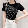 Summer New Hollow Out Heavy Industry Hot Dip Diamond Design Sense Round Neck Short Sleeve T-shirt Women's Fashion Slim Thin Top