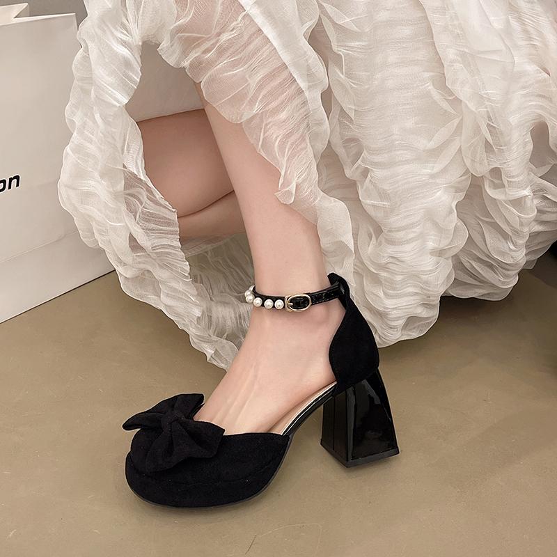 Fashion Women's Square and Mary Jane Single Shoes Fashion Round Head Flannelette Bow Waterproof Platform Hollow Heels