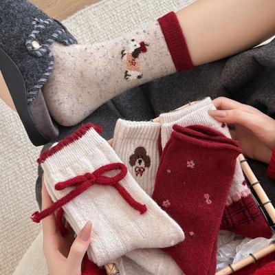 Playful Red Warm Fleece Wool Socks, Bright Red Christmas Vibrant Red Socks, Bow for The New Year