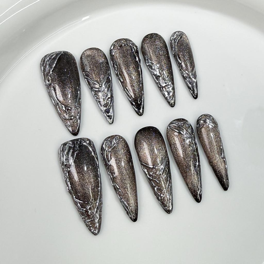 10 Pcs Retro Handmade Long Stiletto Press On Nails With 3D Decorations Reusable Stick On False Nails