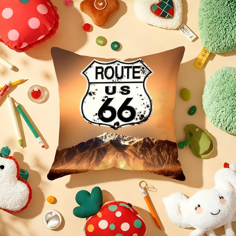 Classic Route 66 Retro Cushion Cover Plush Fabric Soft Double-Sided Printed Sofa Warm Winter Home Gift Pillow Cover