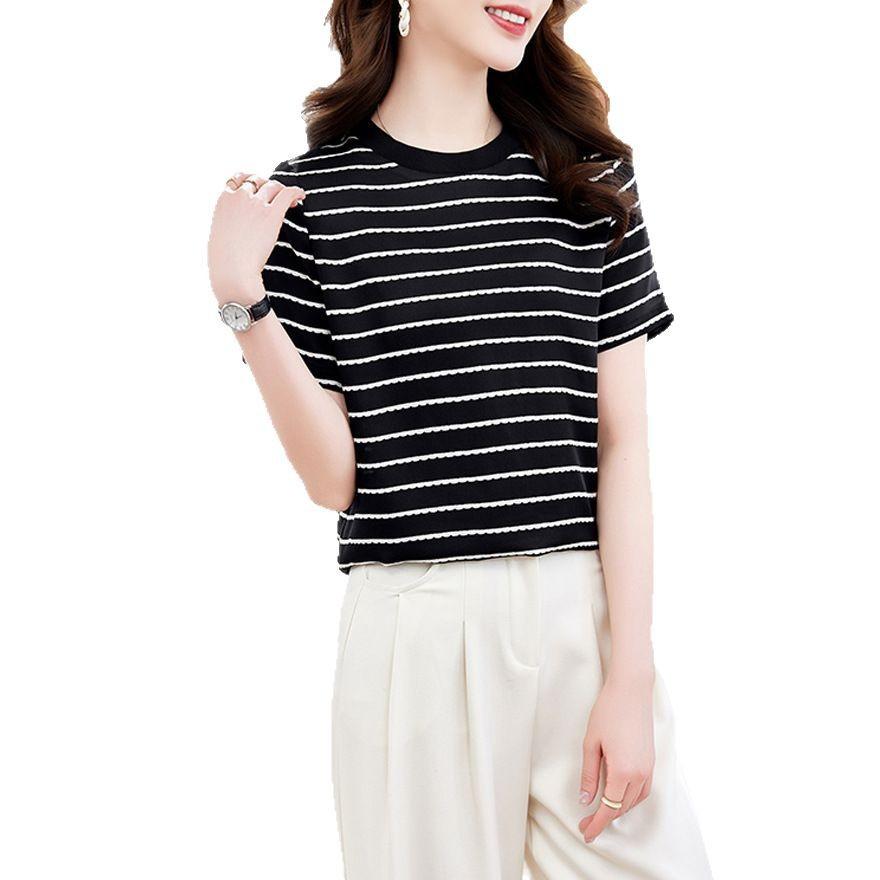 Temperament Striped Silk T-shirt Women's Short-sleeved Summer Dress Fashion Mulberry Silk Thin Top