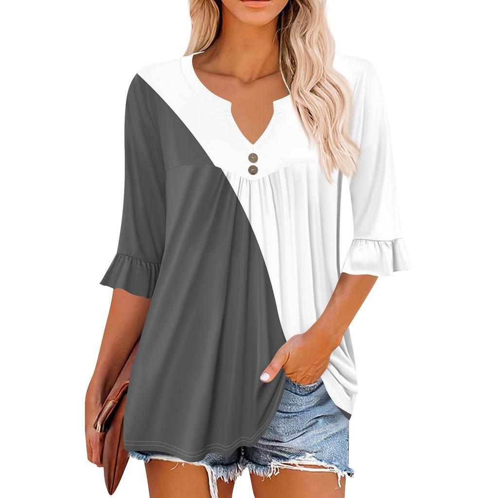 3/4-Ärmel Oberteile für Damen Lässige Rüschen V-Ausschnitt T-Shirts Arbeitsblusen Elegante Tunika-Oberteile