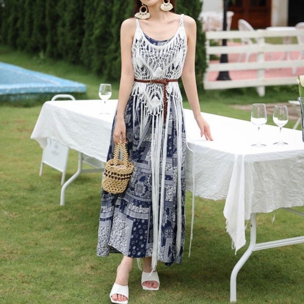 Polyester Fibre Beach Dress Bohemian Style Tassel Vest Elegant Knit Gown Beach Vacation