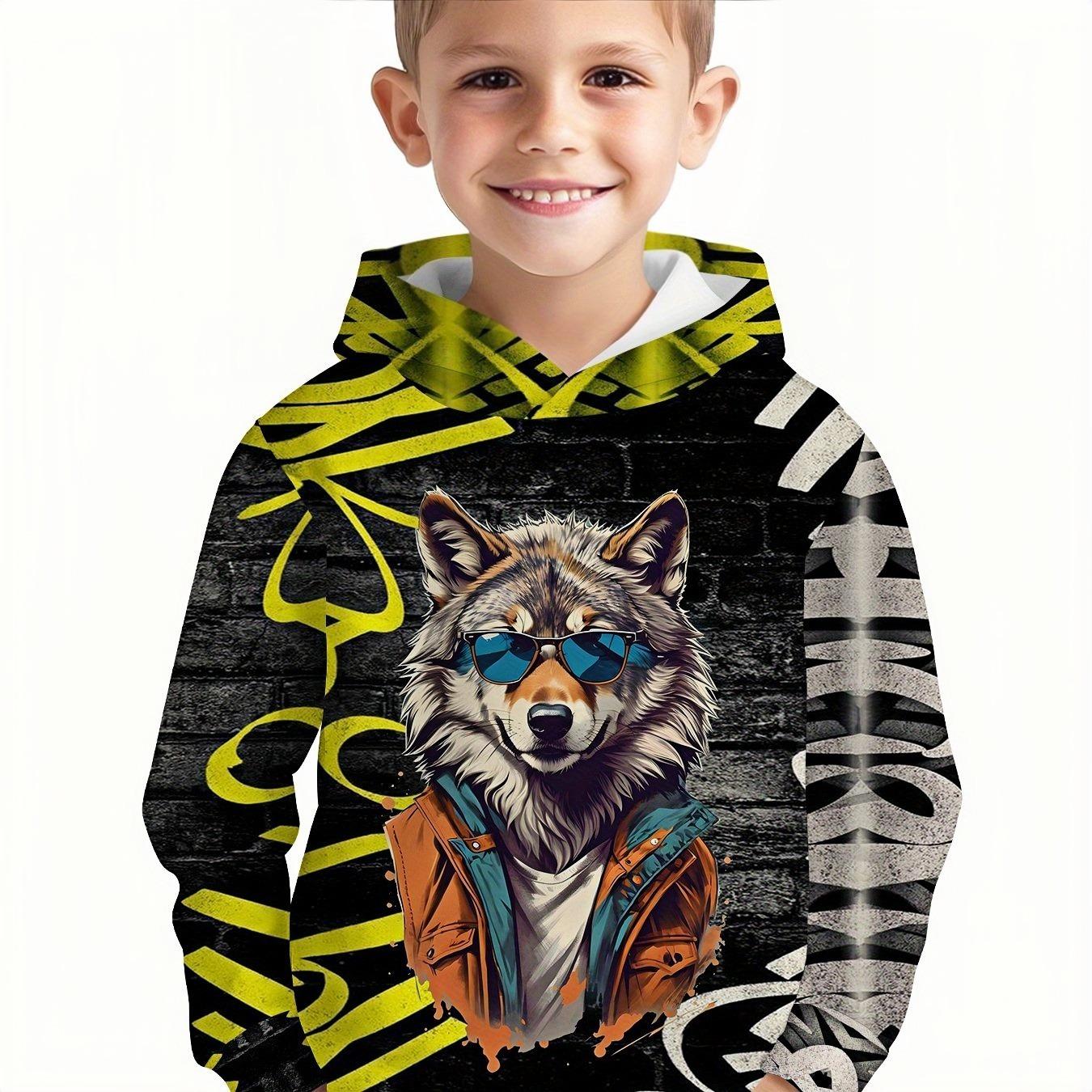 

3D Digital Print Wolf Pattern Hooded Sweatshirt for Boys - Graffiti Streetwear, Spring Autumn Casual Wear 13-14Y