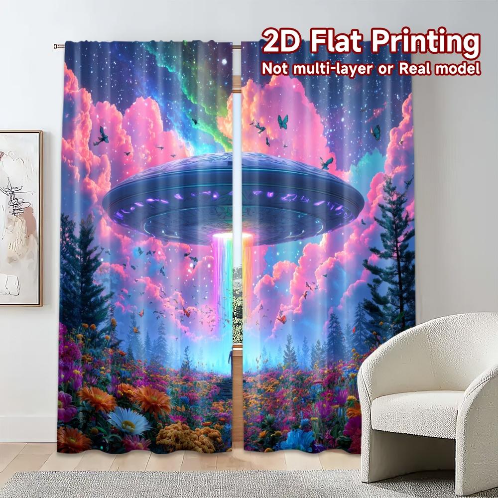2pcs, 2D FLAT PRINTING Curtains (Without Rod) Cosmic Encounter Modern Curtain Fabric Machine Washable Fabric Curtains Home Decor