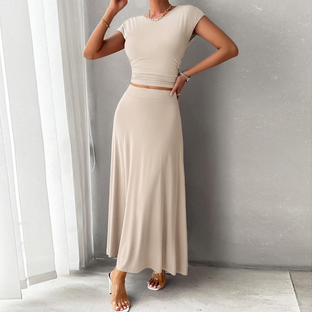 Women's Spring And Summer Short-sleeved Tops Temperament Slim Fit Solid Color Short-sleeved Half-length Dress Set