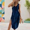 Women Plus Size U Neck Sleeveless Tie Dye Printed Beige Brown High Side Slit Curved Hem Dress