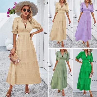 Women's Spring and Summer Temperament Solid Color V-neck Lace-up Waist Dress