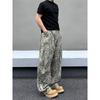 American Retro Washed White Leopard Print Scimitar Jeans Men's and Women's Niche Silhouette Loose Wide-leg Pants