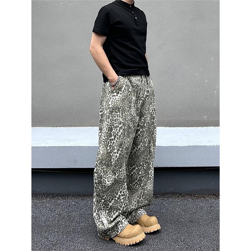 American Retro Washed White Leopard Print Scimitar Jeans Men's and Women's Niche Silhouette Loose Wide-leg Pants