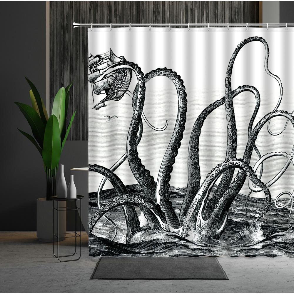 Funny Sea Monster Octopus Shower Curtain Marine Organism Tentacle Black And White Style Bath Curtains Bathroom Decor Fabric Hook