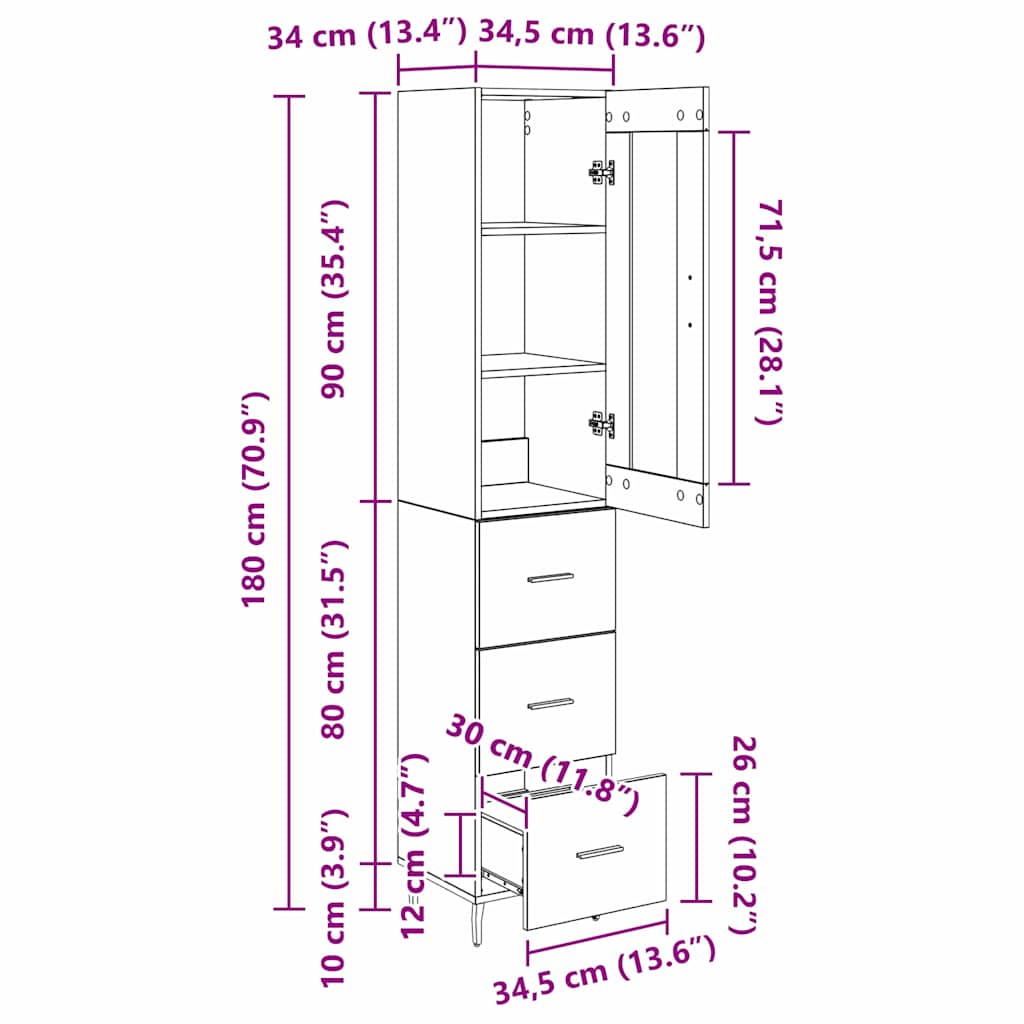 Highboard Reclaimed Wood 34.5 X 34 X 180 Cm Particle Board