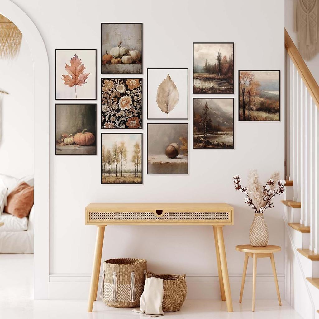 Whaline 10Pcs Fall Thanksgiving Vintage Wall Art Prints Assorted Rustic Aesthetic Paper Posters Retro Autumn Scenery Picture Decoration for Gallery
