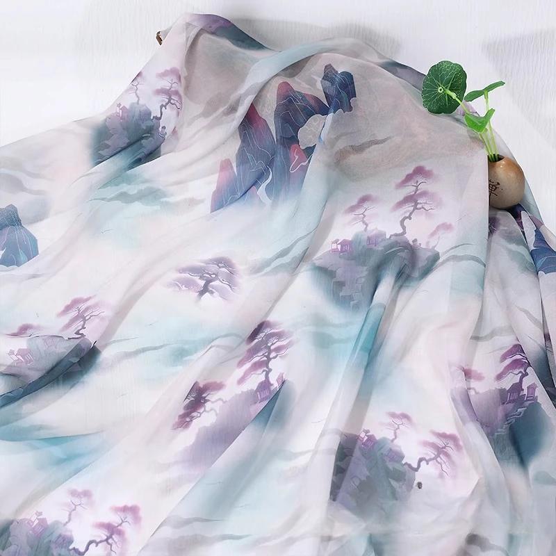 Hedvábný šátek dekorativní 30D Tištěný šifon Inkoustová malba Čínský styl Látka Starobylý kostým Hanfu Sukně Gáza Gázová oděvní látka