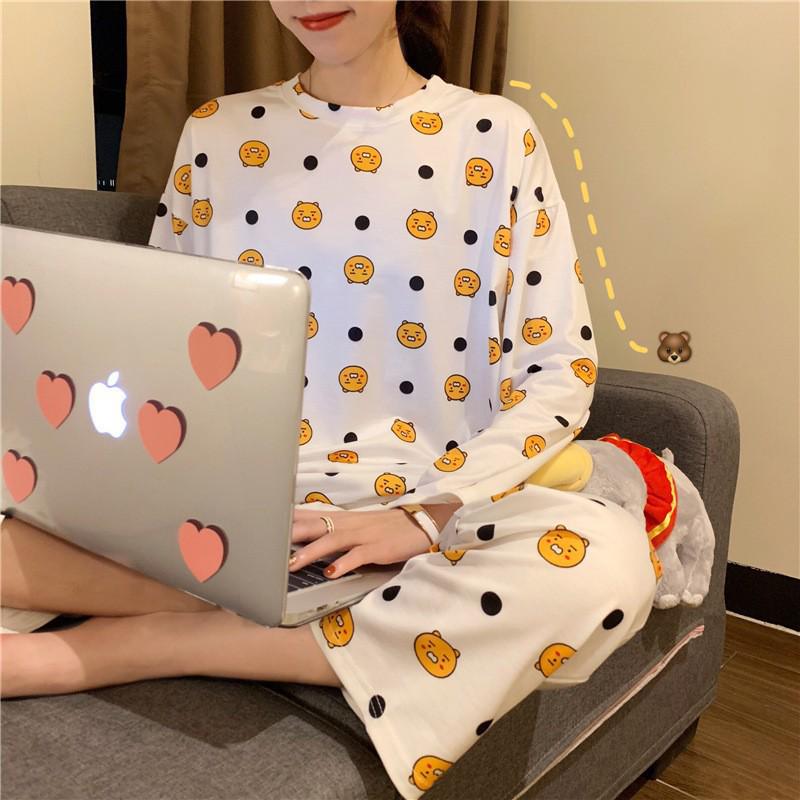 Women's Korean Style Pajama Set: Long Sleeve, Round Neck, Cute Cartoon Print, Comfortable for Spring & Autumn