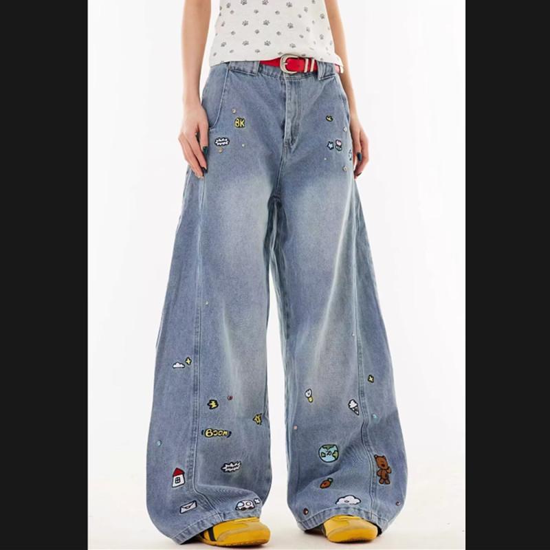 College style American retro cartoon jeans men and women loose couple straight washed wide-leg casual pants men