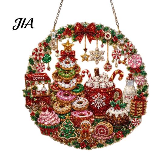 Decorative Acrylic Craft Christmas Faux Diamond Art Suncatcher, 2D Flat Window Hanging Ornament, Seasonal Home Accents Beaded Pattern Holiday
