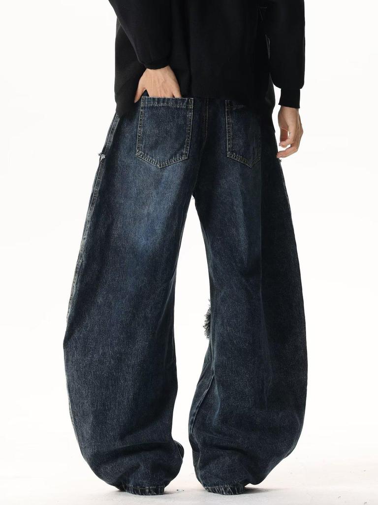 Unisex Retro Star Design Frayed Edge Wide Leg Jeans