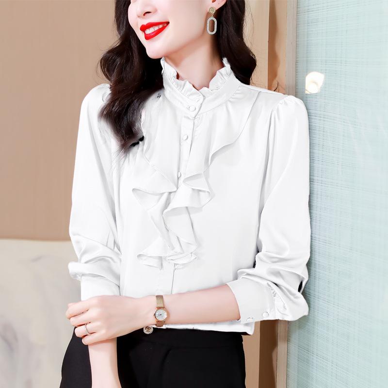 Volány Stojáček Elegantní Košile Ženy Jarní Trend Jednobarevná Saténová Blusas Mujer Topy s Dlouhým Rukávem Feminina