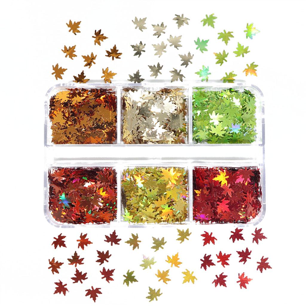 Metallic Maple Leaf Sequins Small 6 Grid Boxed Laser Color Leaves 2021 Fall Christmas Thanksgiving Nail Sequins 6 Grids