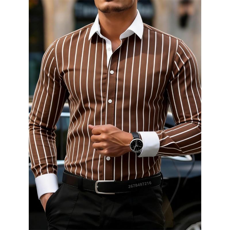 Męska koszula w paski z długim rękawem w stylu business casual, stylowy design z kołnierzem i kontrastowymi wstawkami, męska koszulka casual.