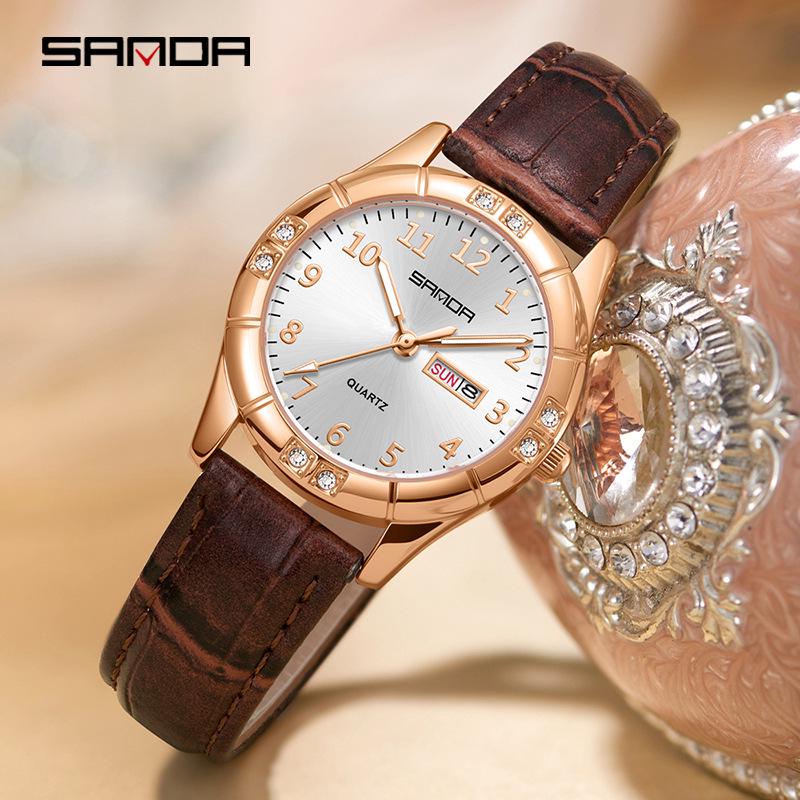 Sanda Junior High Student Retro Quartz Watch - Luminous, Dual Calendar, Waterproof, Sun Pattern, Fashionable Women's Style
