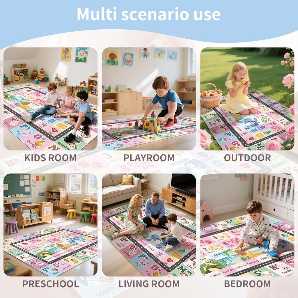 Educational ABC & Number Kids Play Rug Learning Carpet with Fruit Seasons Days Non-Slip Kids Play Mat for Playroom Nursery Pink