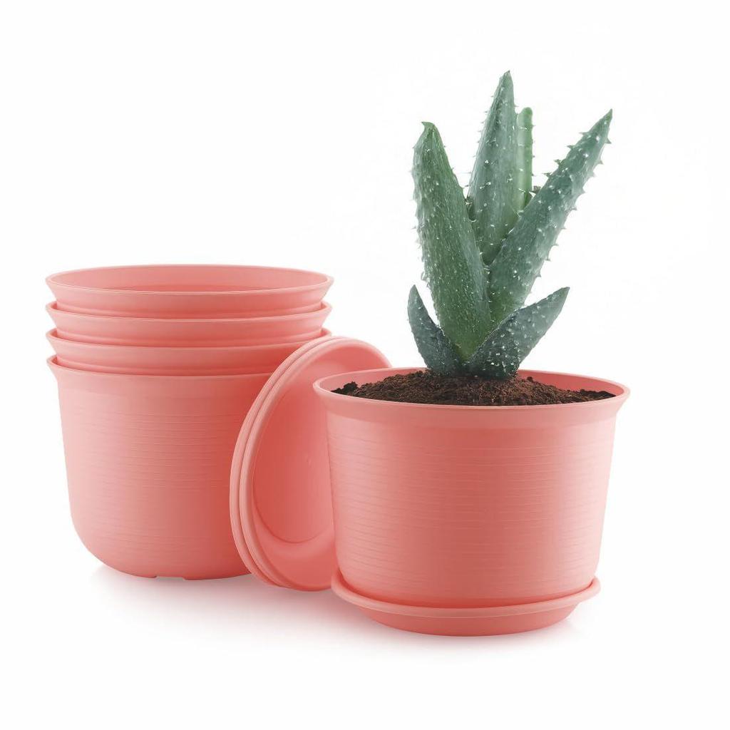 10 Inch Plastic Round Flower Pots with Tray for Home, Terrace, Garden Etc | Pack of 05 | Pink Color | for Home Indoor & Outdoor Gardening Plants