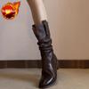 Middle Heel Leather Ladies Mid Calf Shoes Autumn Winter Fleece-Lined Women's Half High Boots Gyaru 2025 Novelty New Gothic Boot
