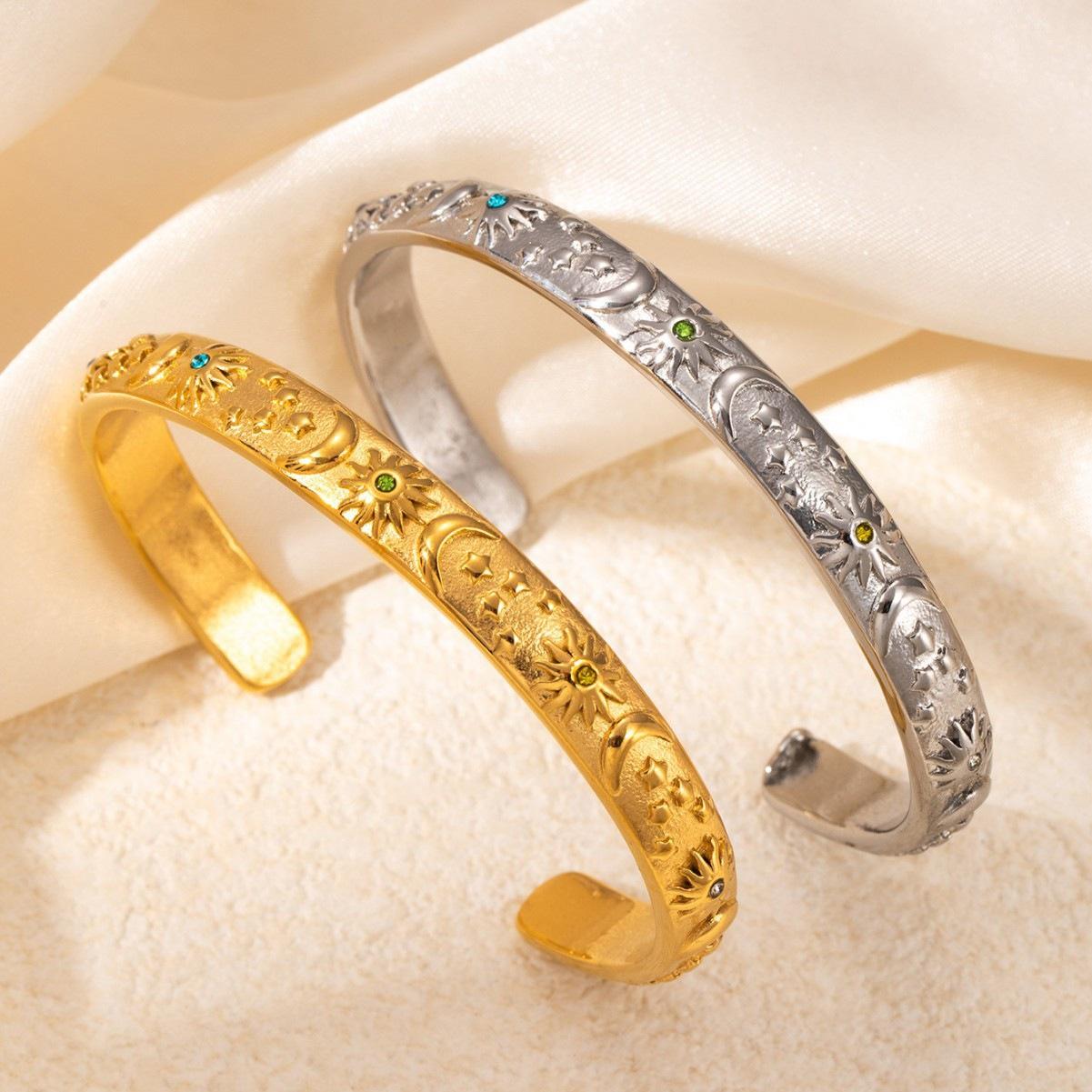 Lucky Star Jewelry Women's Gold Moon Star Sun Bangle Bracelet Sliver Stylish Metal Open Wrist Vintage Fashion Party Zircon Gift For