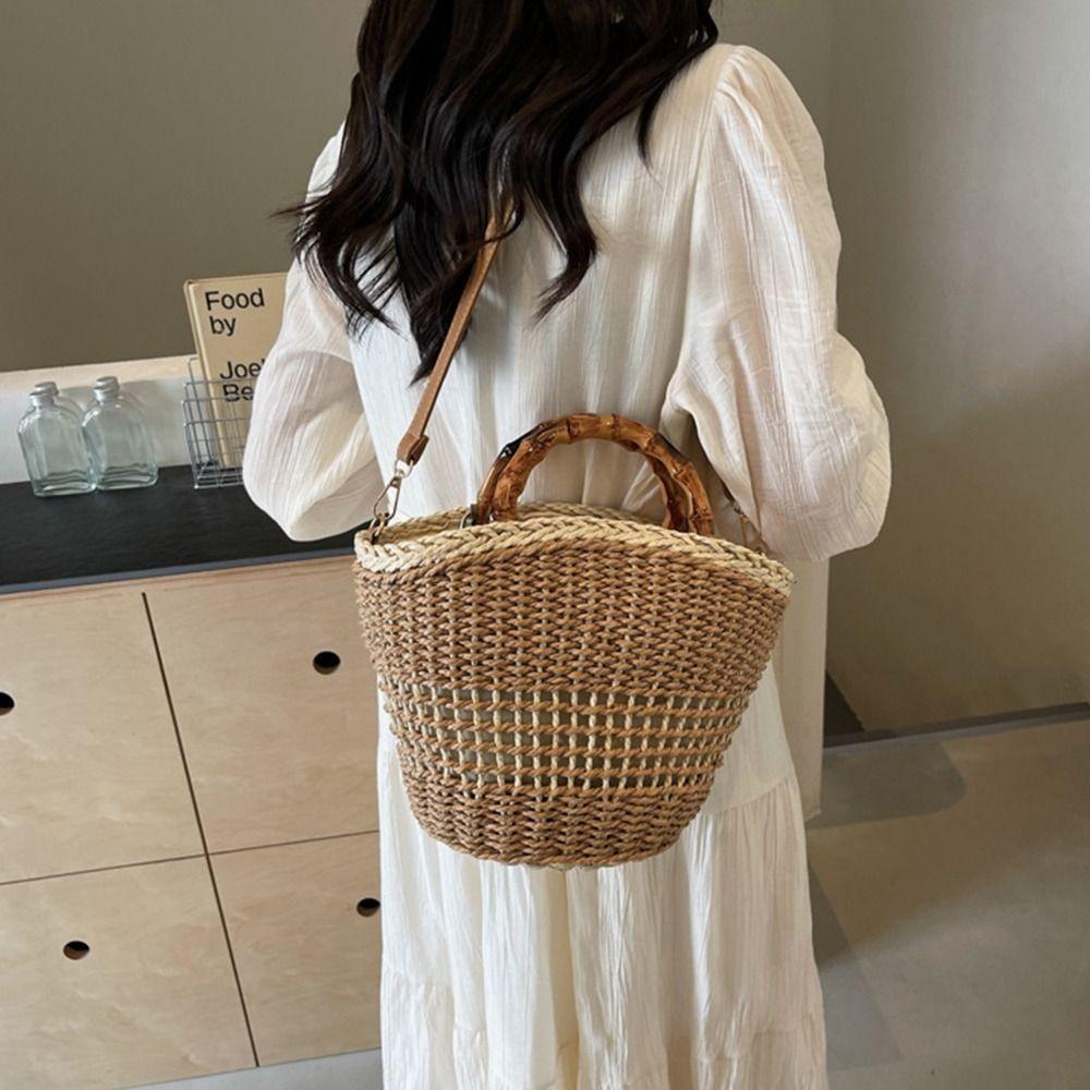 Large Capacity Weave Straw Bag Casual Woman Handbag Ins Bucket Shoulder Bag  Holiday