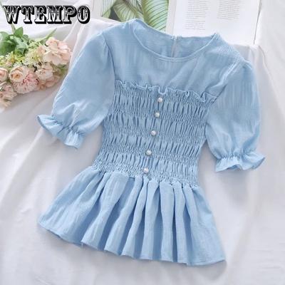 Solid Chiffon Shirts Women's Summer French Slim Fit Fashion Short Bubble Sleeve Versatile Beads Tops Streetwear