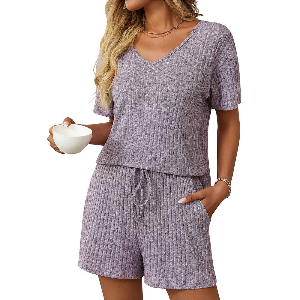 Women's Fashion Solid Colour V-Neck Short-Sleeved Shorts Home Leisure Pajamas Two-Piece Set