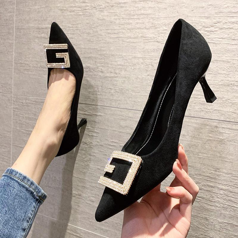 Single shoes women's new high heels pointed thin heels rhinestone versatile girl black cm cm