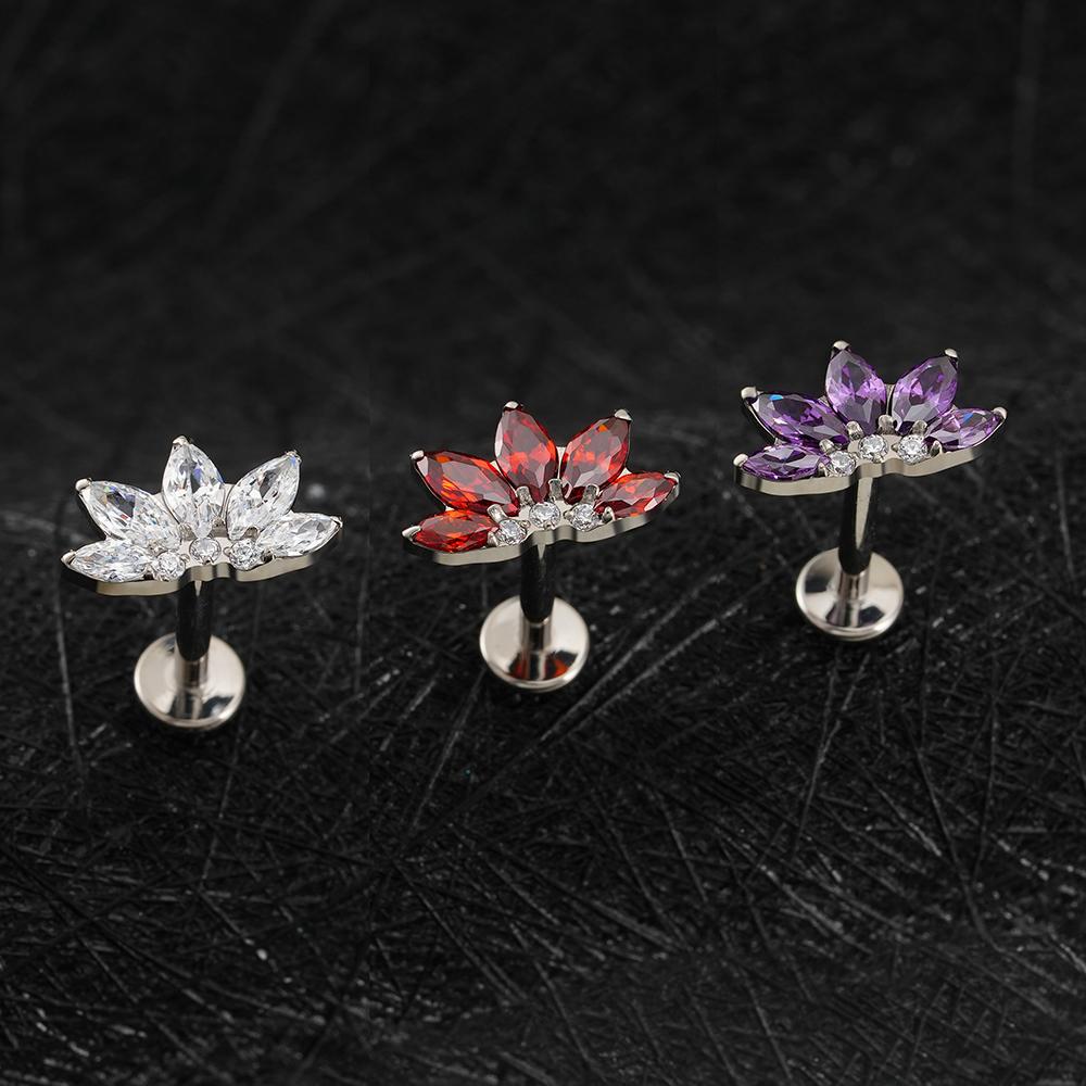 Right Grand ASTM F136 Titanium Marquise Lotus Cartilage Earring 16G Flower CZ Helix Flat Back Stud Labret Piercing Jewelry