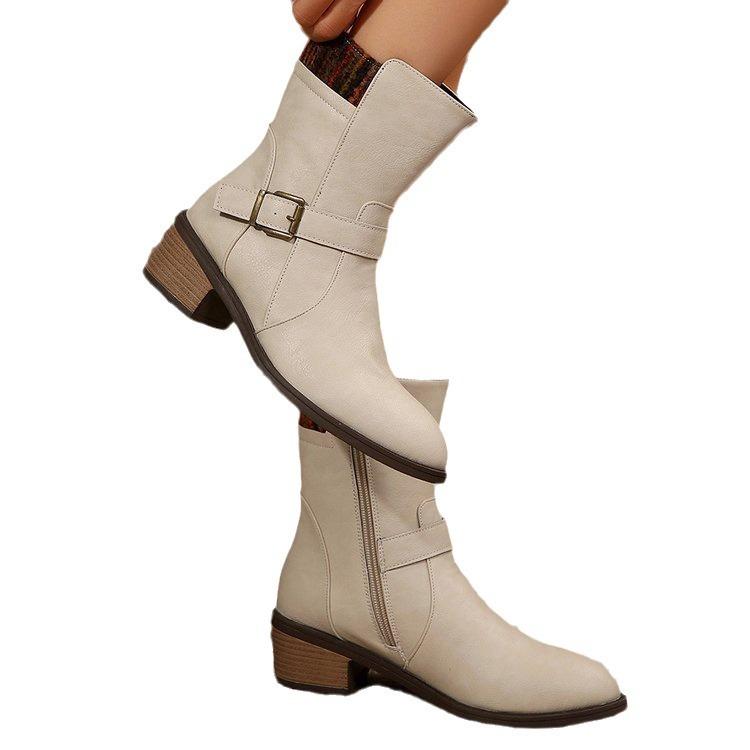 Dámské Westernové kotníkové boty do poloviny lýtek Jezdecké boty z umělé kůže Široký lýtkový zip pro ženy Hrubý blok na podpatku Špičatá špička Podzim Zimní boty