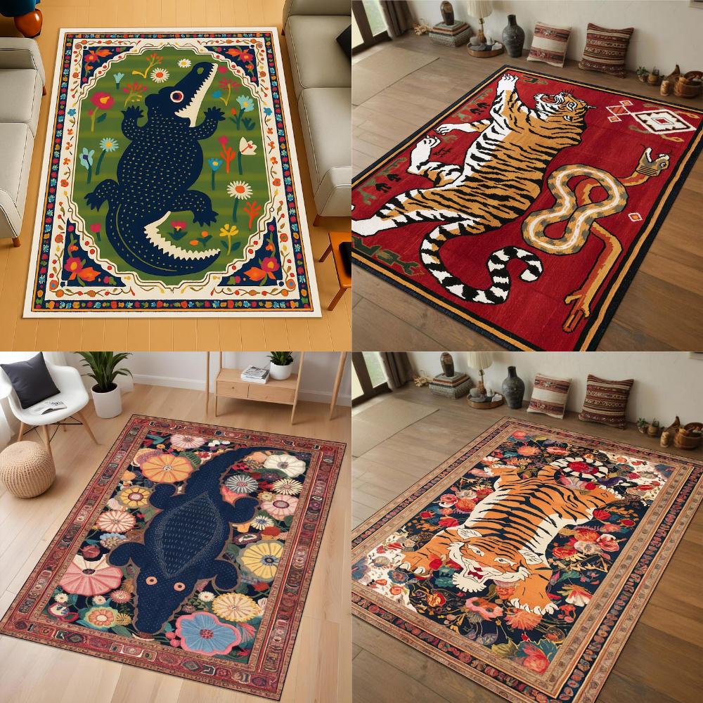 Whimsical Alligator Tiger Rug Playful Floral Pattern Colorful Folk Art Rug for Kids Room or Animal Themed Playful Nursery Decor