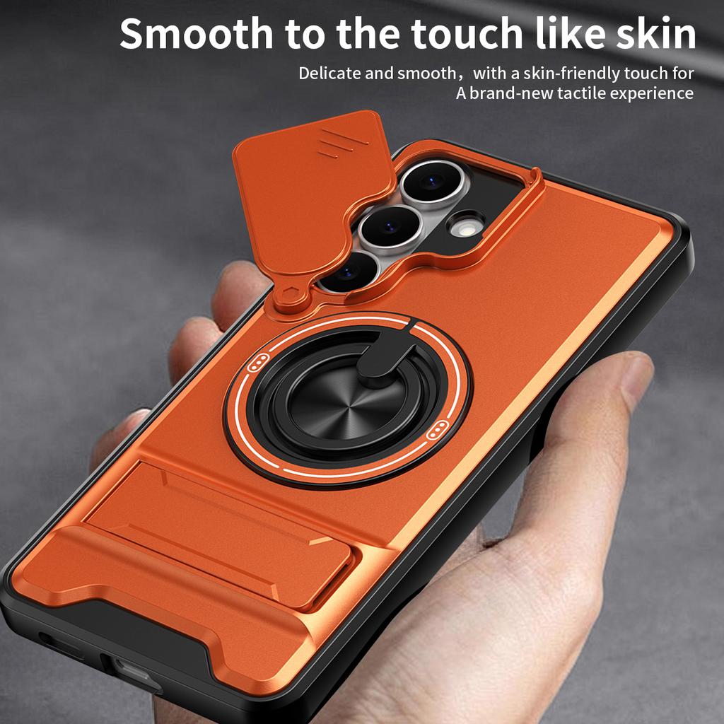 For Samsung Galaxy S25 FE Magnetic Case Ring Holder Foldable Kickstand TPU PC Phone Cover with Camera Lens Slider