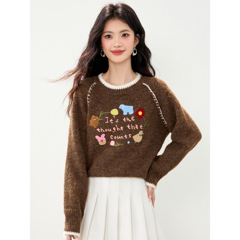 Vintage Embroidered Sweater Women Korean Style Loose Fit Casual Top Floral Design