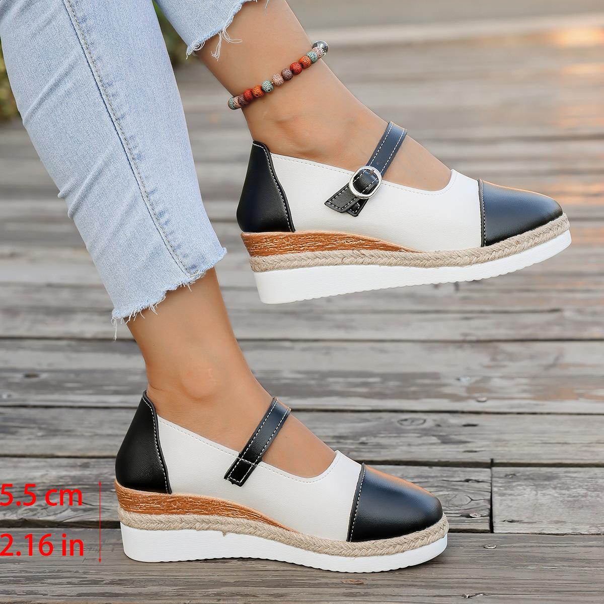 

Осенняя Мода Женские Платформы на Танкетке со Ремешком-Пряжкой Удобные Нескользящие Балетки Круглый Носок Обувь Больших Размеров для Женщин 36-44 Обувь 36 черный белый