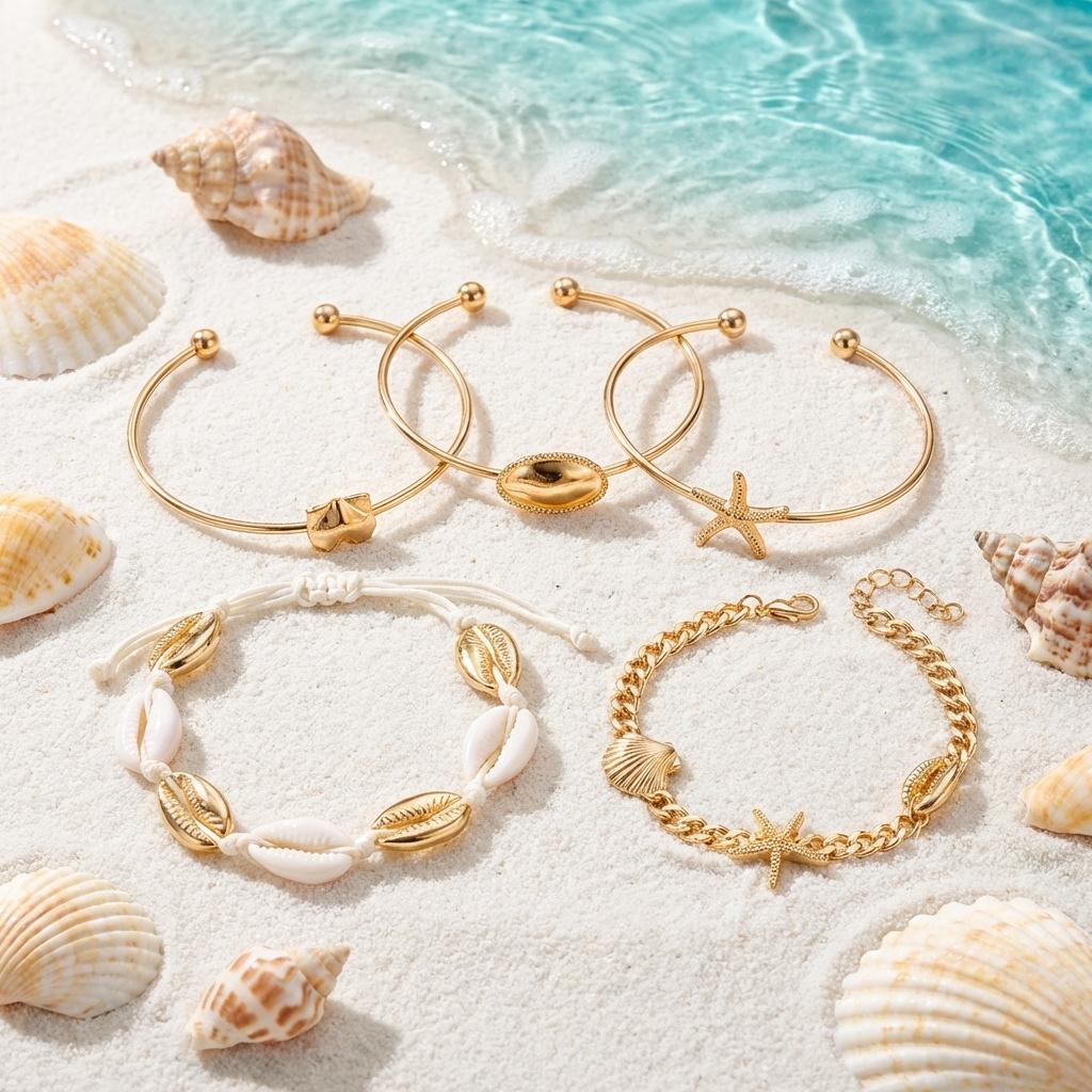 Mermaidcore Ocean Aesthetic Chic Stacked Bracelets Set Women 5Pcs Starfish Cowrie Shell Layered Bangle Beach Party Charm Jewelry