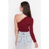 Claret Red Slim Tie Detailed Single Sleeve Crop Stretchy Knitted Blouse Twoaw23bz00094