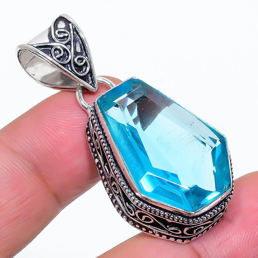 

Этническая ювелирная подвеска ручной работы в виде гроба, швейцарский синий топаз, драгоценный камень, 1,77 дюйма, VR-3030